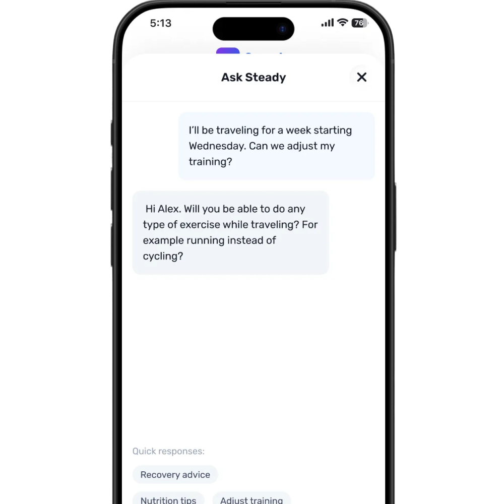 Training plan adapting after a missed session with updated workouts and coach explanation