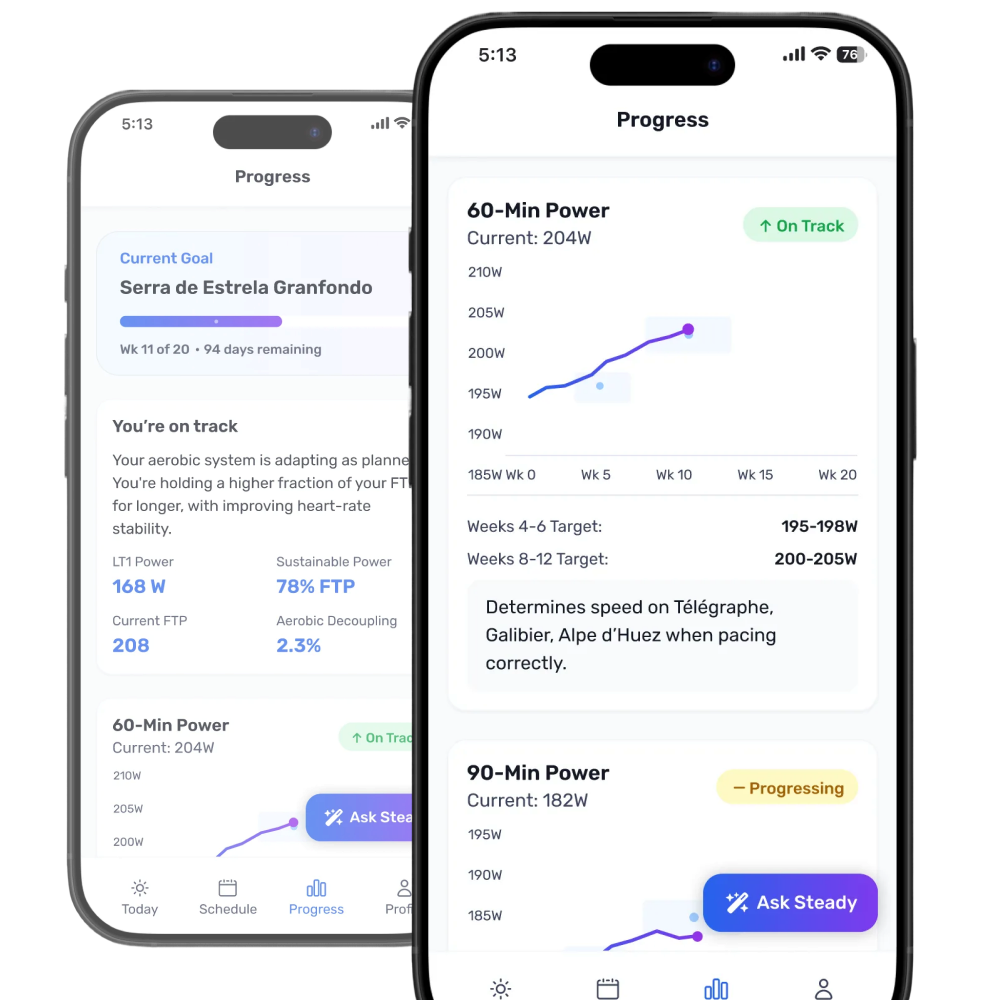 Weekly progress dashboard tracking aerobic base, threshold capacity, and durability gaps